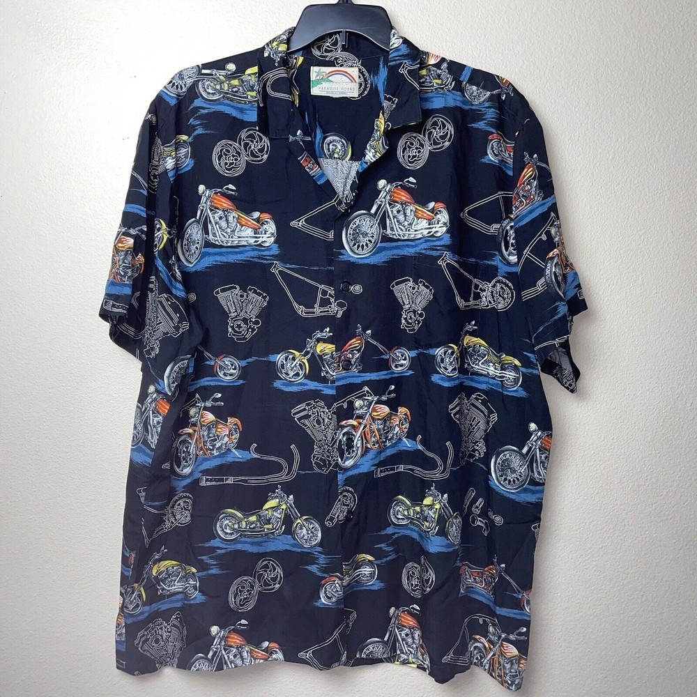 Paradise Found Shirt Mens Size XXL Black Motorcycles Rayon Hawaiian Camp Style